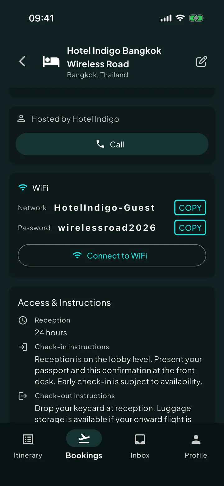 WiFi credentials and check-in instructions for a stay, surfaced in Skaoot.