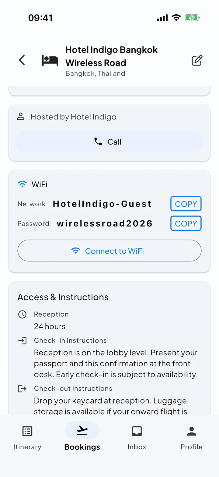 WiFi credentials and check-in instructions for a stay, surfaced in Skaoot.