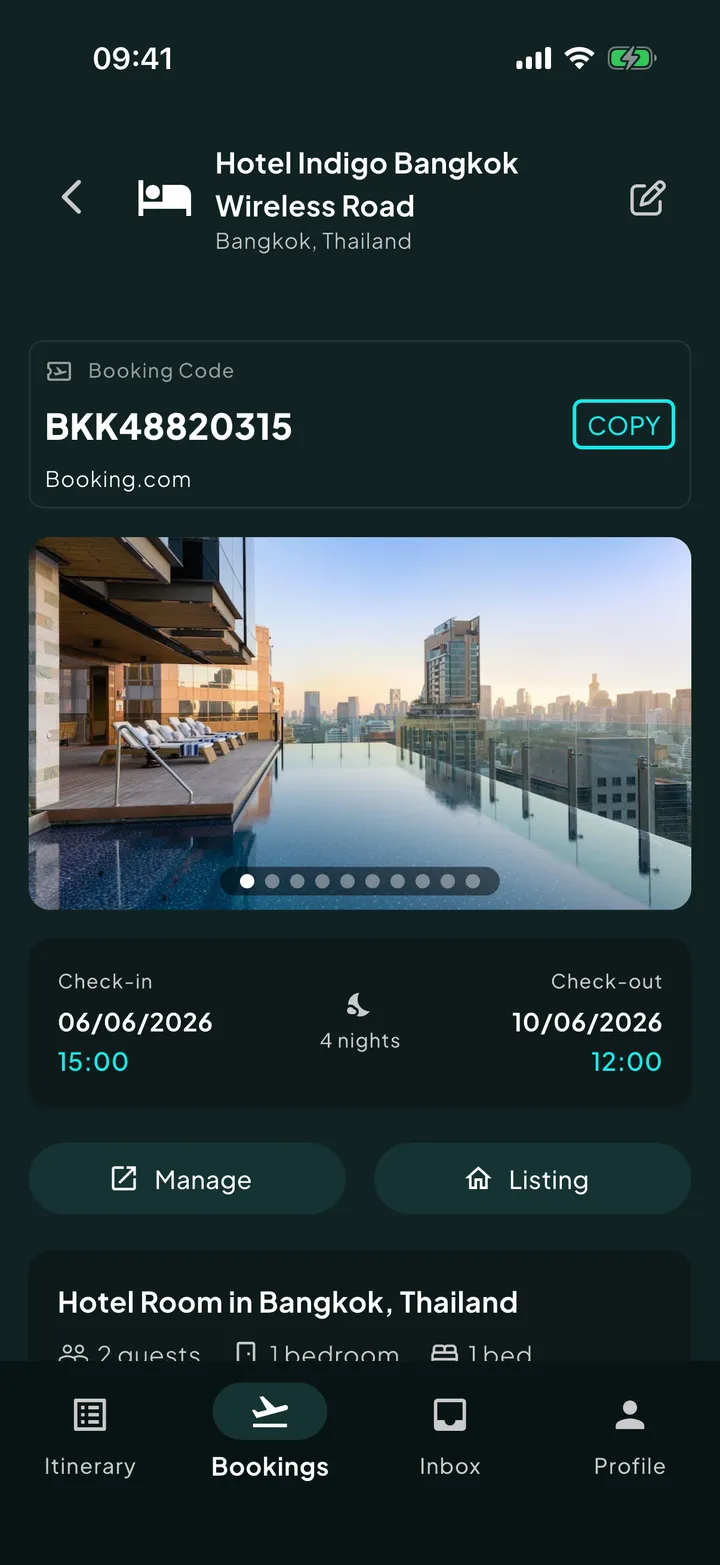An accommodation booking in Skaoot showing photos and check-in details.