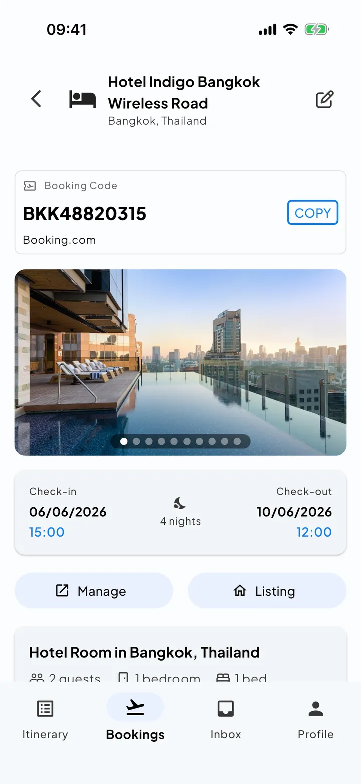 An accommodation booking in Skaoot showing photos and check-in details.
