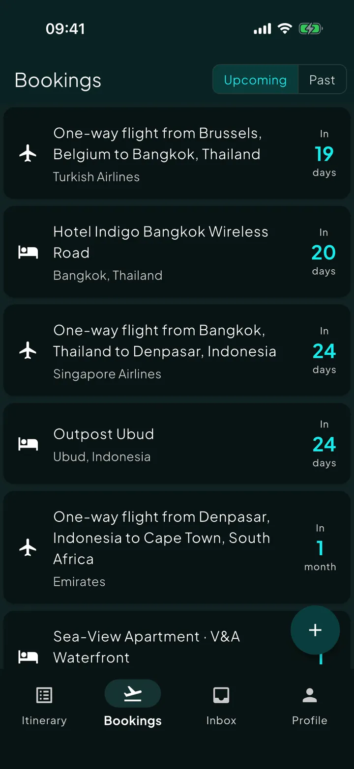 The Skaoot bookings list showing flights and stays across a multi-city itinerary.