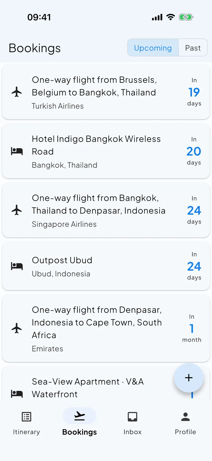The Skaoot bookings list showing flights and stays across a multi-city itinerary.