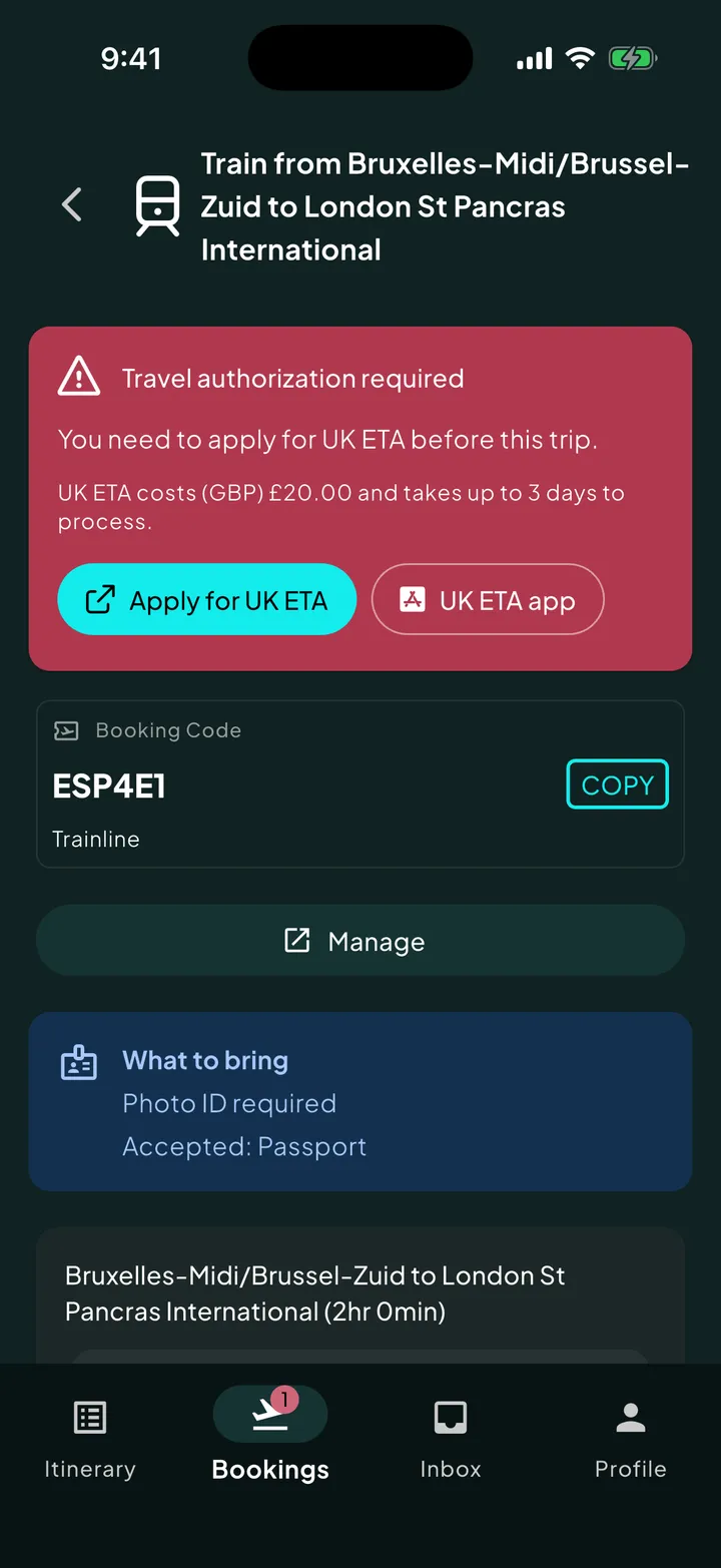 A travel authorization warning in Skaoot with official apply links, cost, and processing time.