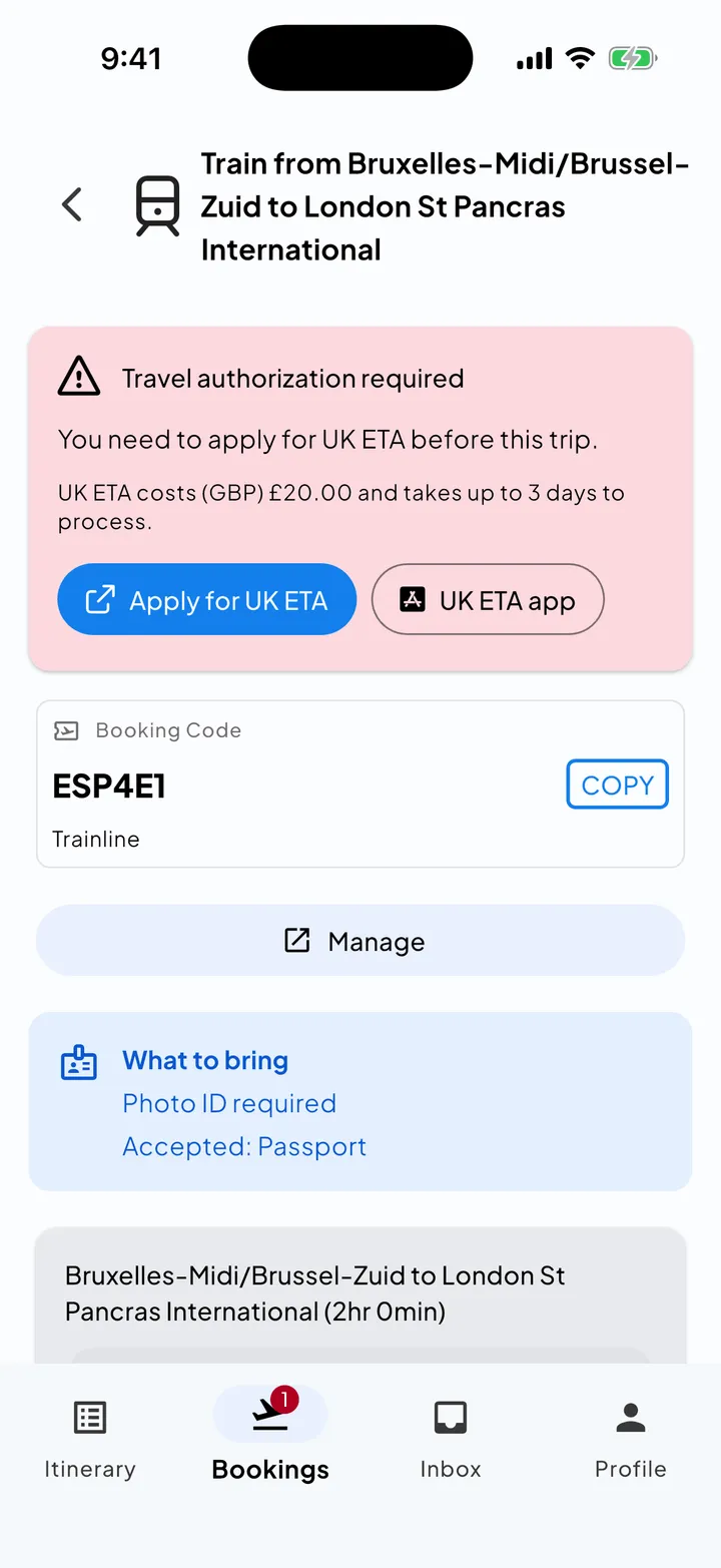 A travel authorization warning in Skaoot with official apply links, cost, and processing time.