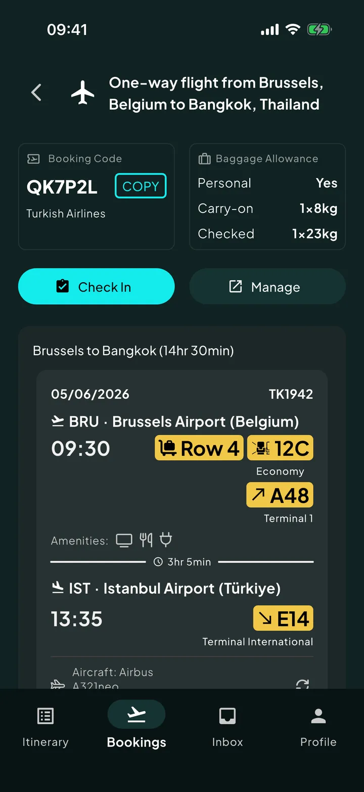 A flight booking in Skaoot with gates, terminals, seats and baggage allowance.