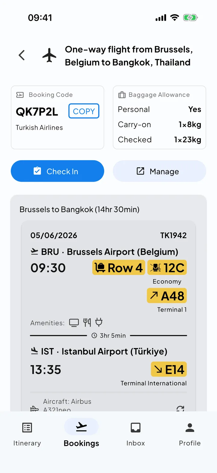 A flight booking in Skaoot with gates, terminals, seats and baggage allowance.