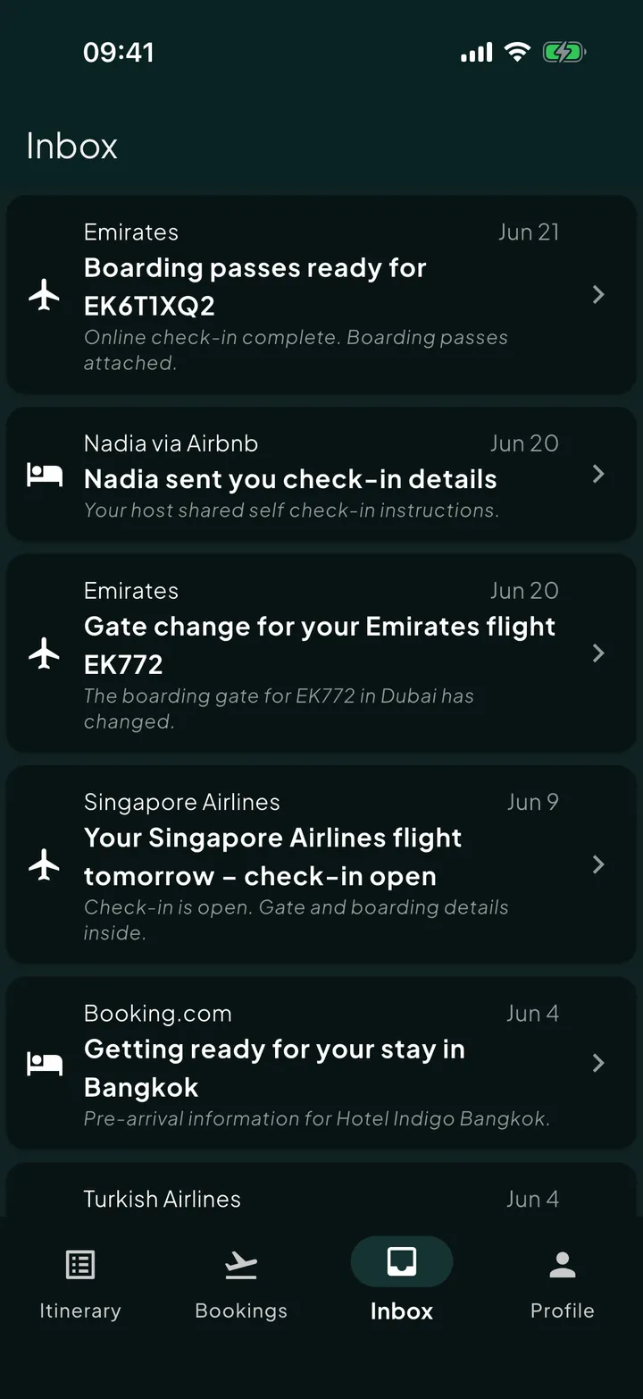 The Skaoot inbox showing forwarded travel confirmation emails.