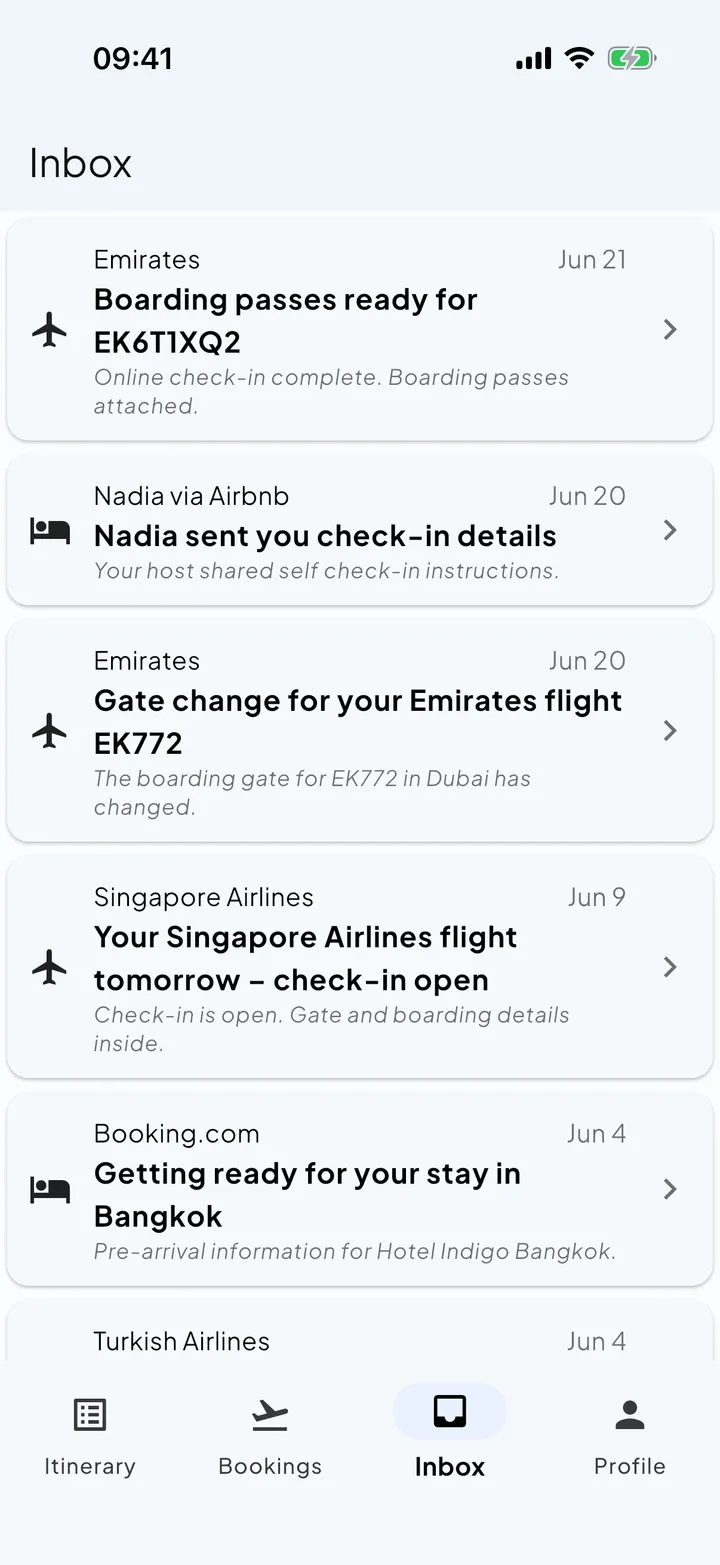 The Skaoot inbox showing forwarded travel confirmation emails.