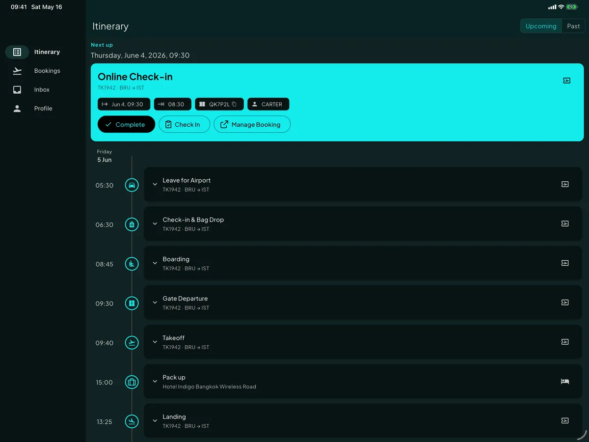 Skaoot on an iPad, with the itinerary in the spacious landscape tablet layout.