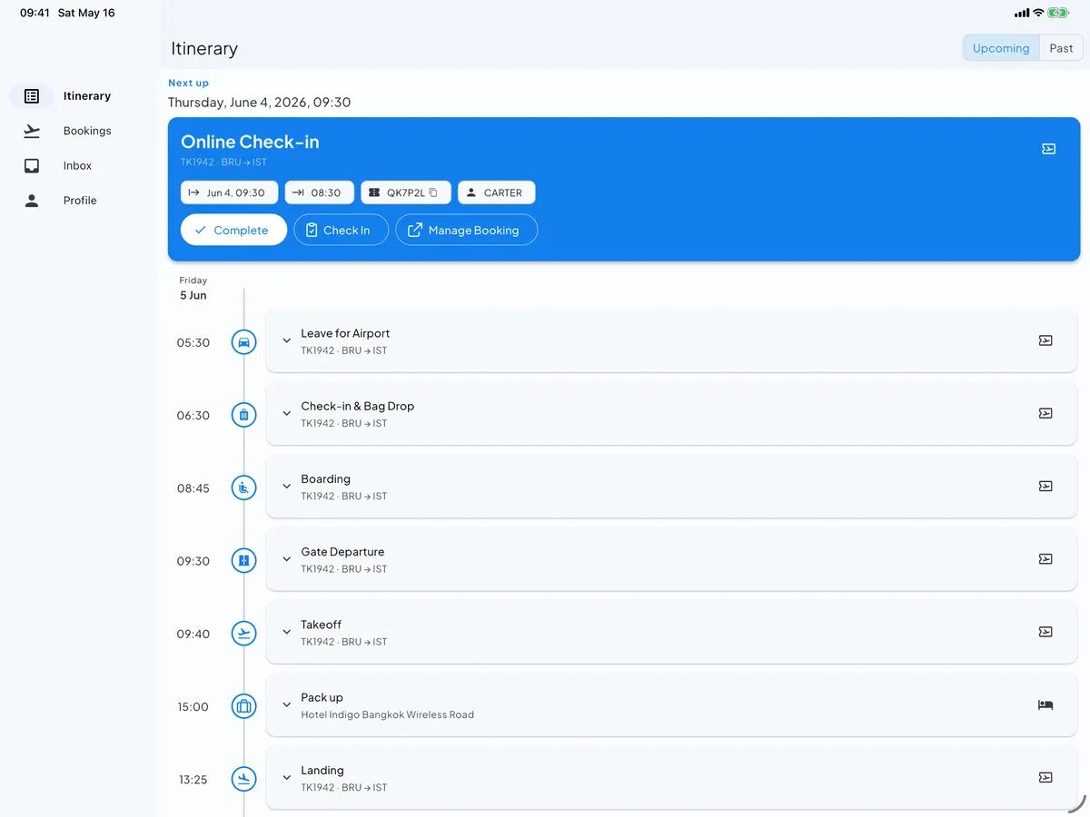 Skaoot on an iPad, with the itinerary in the spacious landscape tablet layout.