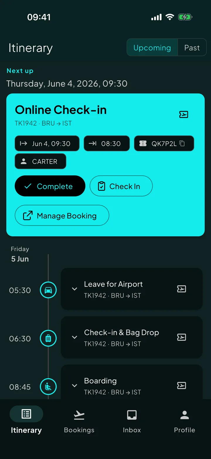 The Skaoot itinerary screen, a timeline with the next event highlighted.