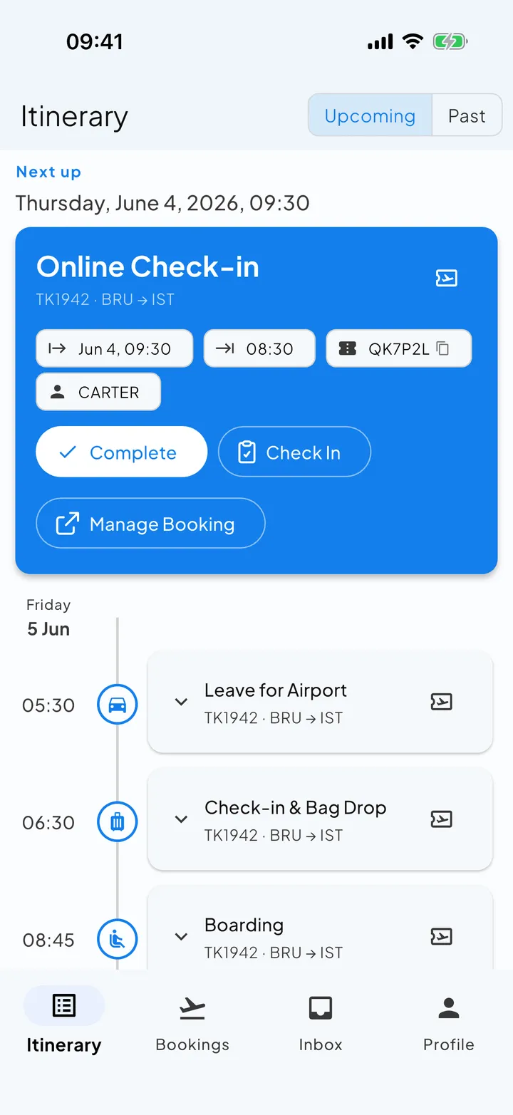 The Skaoot itinerary screen, a timeline with the next event highlighted.