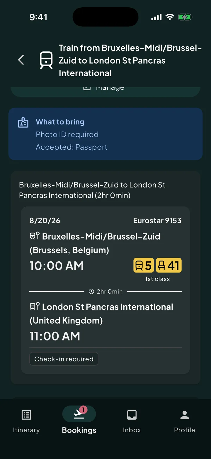 A Eurostar train booking in Skaoot with coach, seat, class, stations, and check-in requirements.