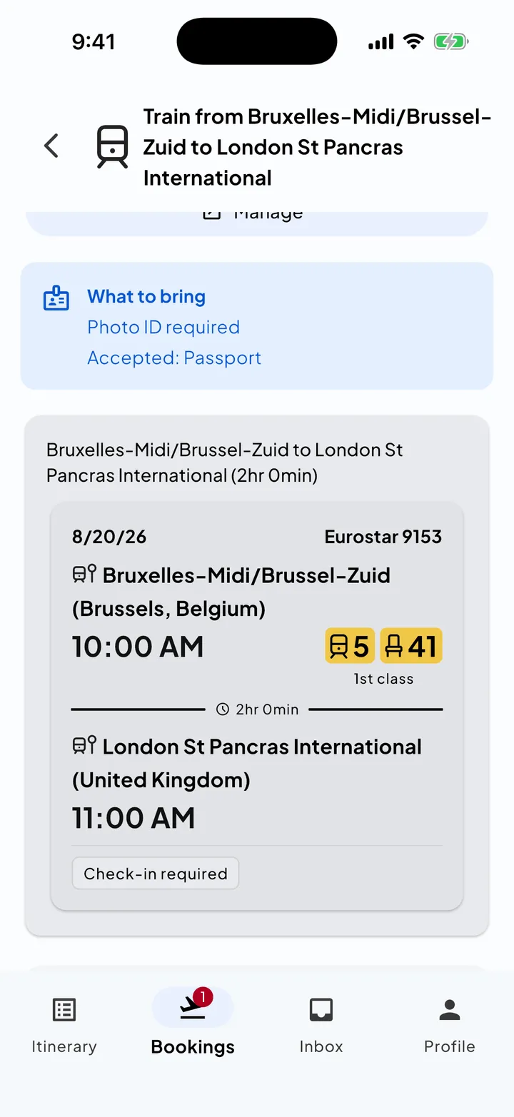 A Eurostar train booking in Skaoot with coach, seat, class, stations, and check-in requirements.