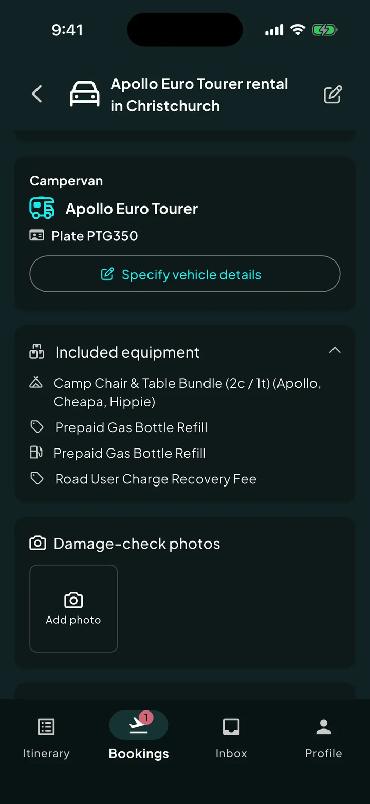A campervan rental in Skaoot with the vehicle, plate, included equipment, and damage-check photos.