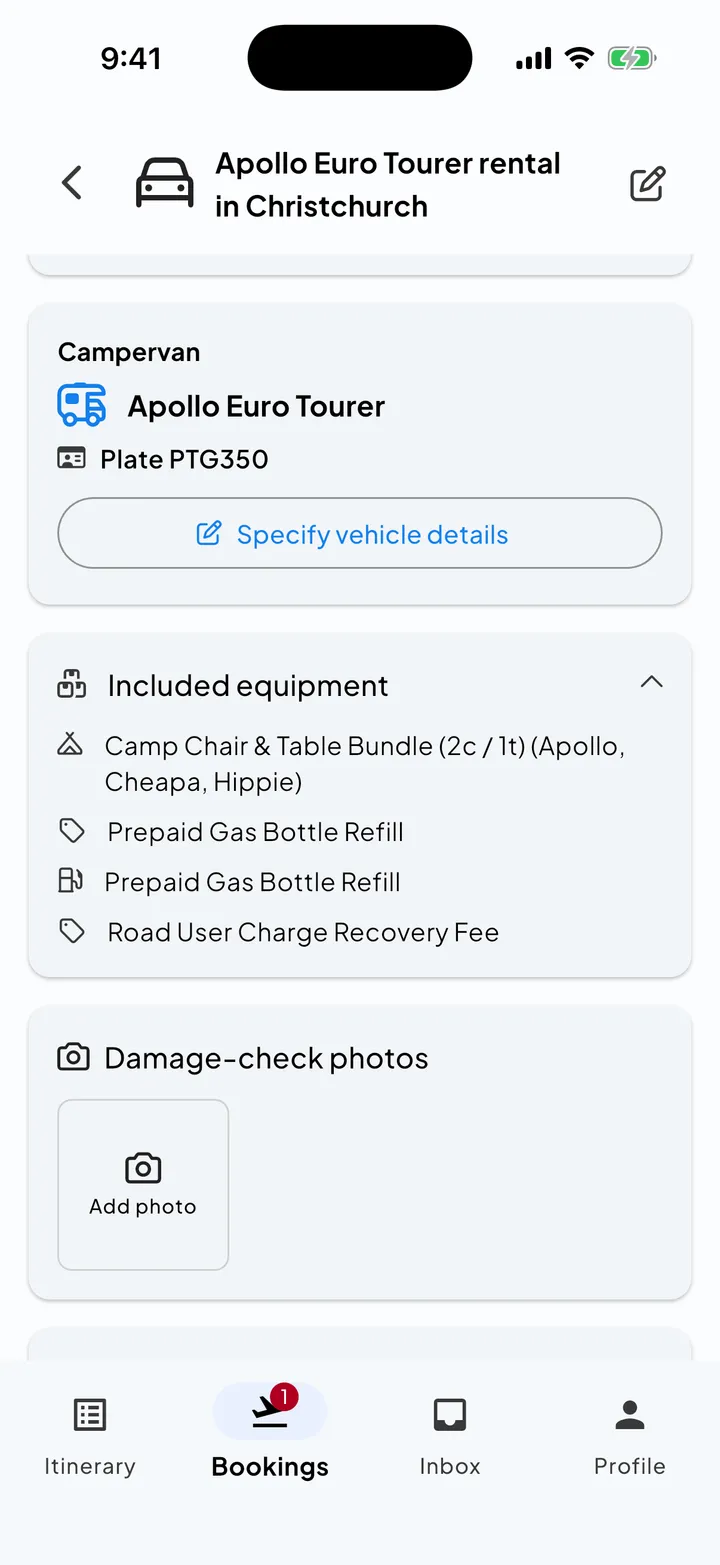 A campervan rental in Skaoot with the vehicle, plate, included equipment, and damage-check photos.